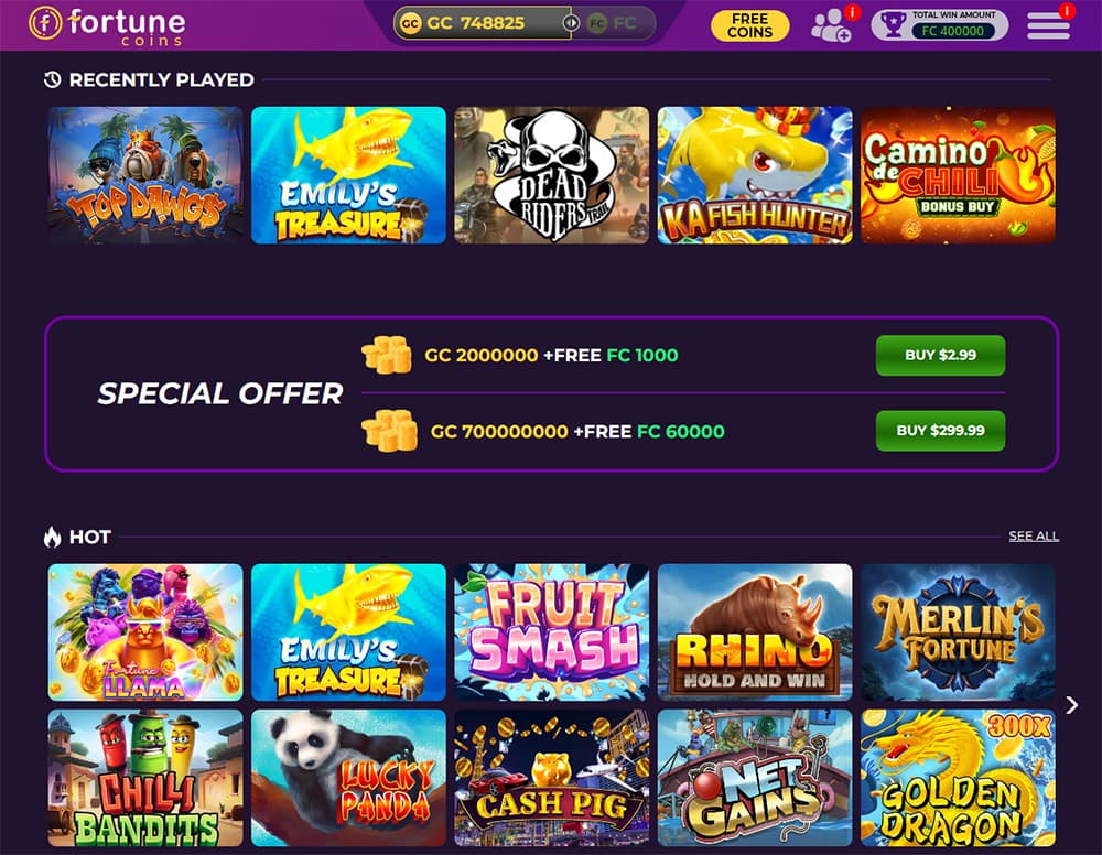 fortune coins casino home page logged in