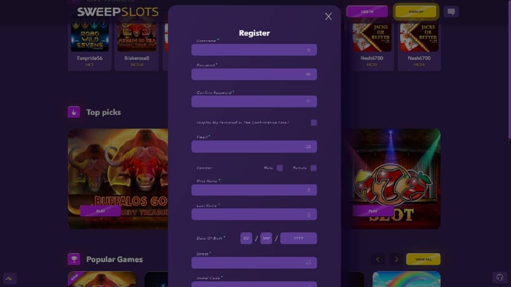 sweepslots casino signup process