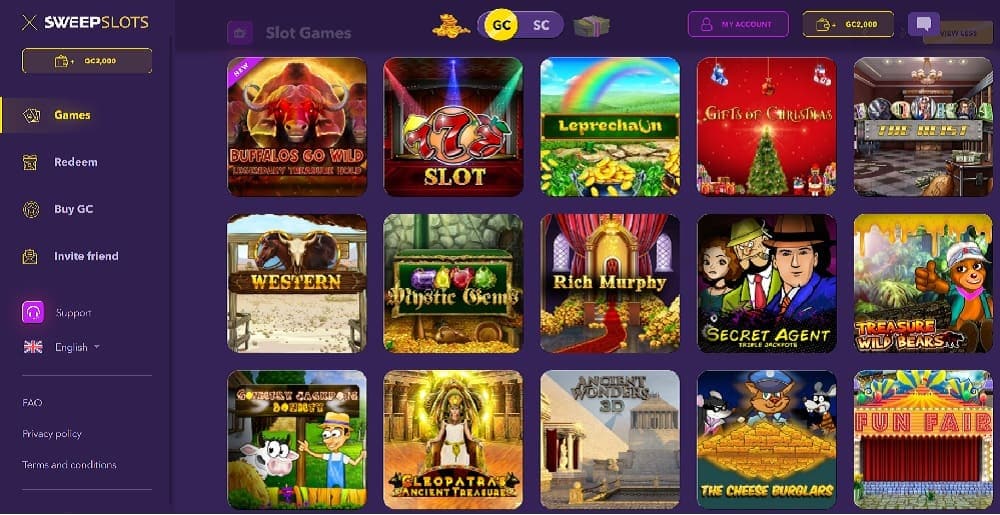 sweepslots slots lobby page