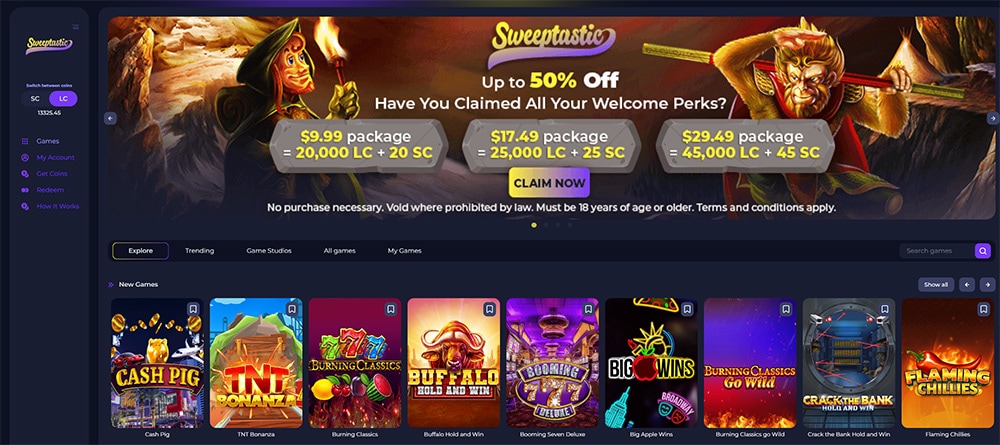 Sweeptastic Casino homepage